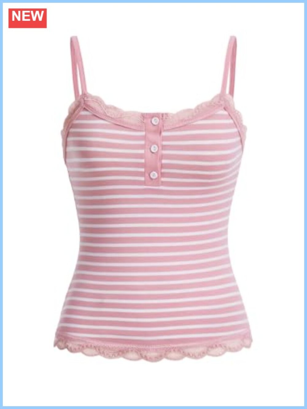 Striped Lace Trim Button Front Spaghetti Strap Tank Top